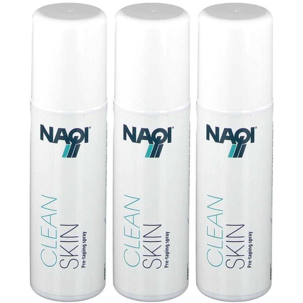 Trois sprays NAQI CLEAN SKIN Pre-Taping en aérosols blancs avec des accents bleus et verts.