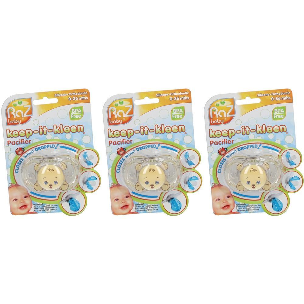 Drie Raz Baby fopspeentjes in beren design, BPA-vrij, 0-36 maanden.