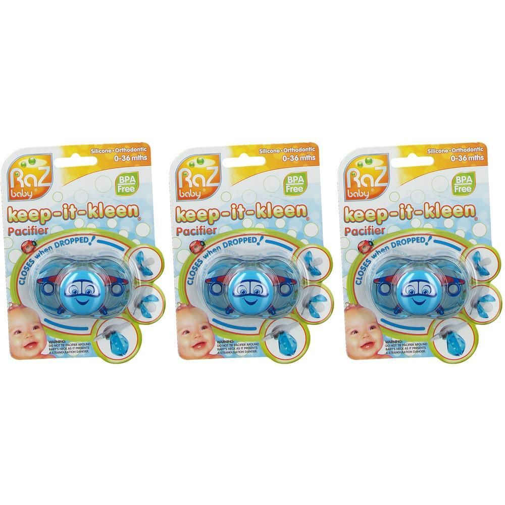 Drie Raz Baby Keep-it-Kleen fopspenen, vliegtuigvorm, blauw, BPA-vrij, 0-36 maanden.