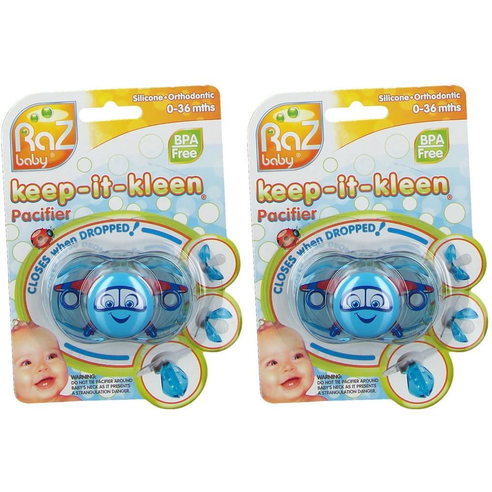 Twee Raz Baby Keep-it-kleen fopspeentjes, vliegtuigdesign, 0-36 maanden, BPA-vrij.