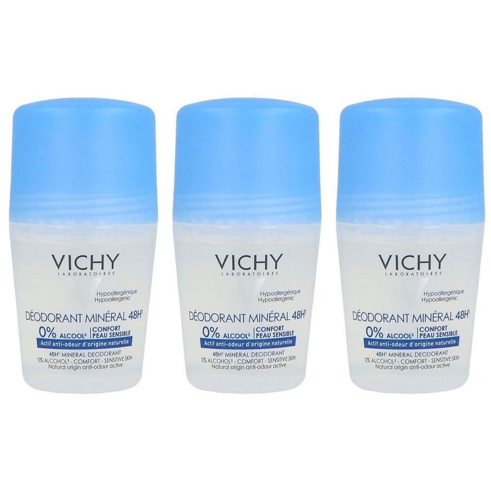 Trois roll-on déodorants Vichy Minéral à capuchons bleus. Flacons transparents avec étiquette blanche.