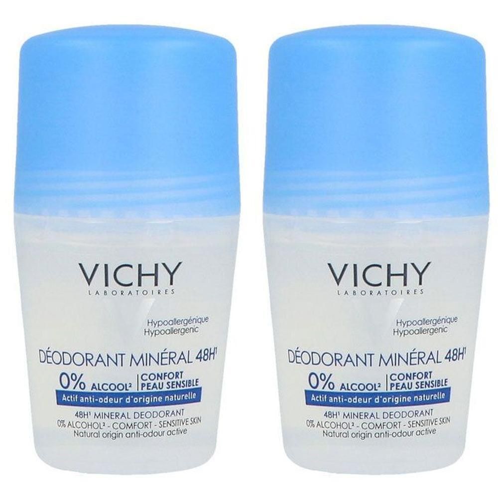 Deux roll-on déodorants Vichy Minéral avec bouchon bleu. Protection 48h, 0% alcool.