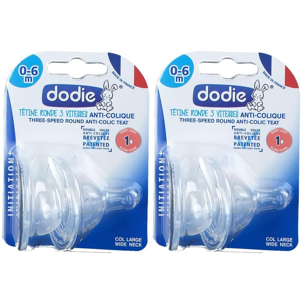 Deux tétines Dodie, 0-6 mois, 3 vitesses, anti-colique, col large.