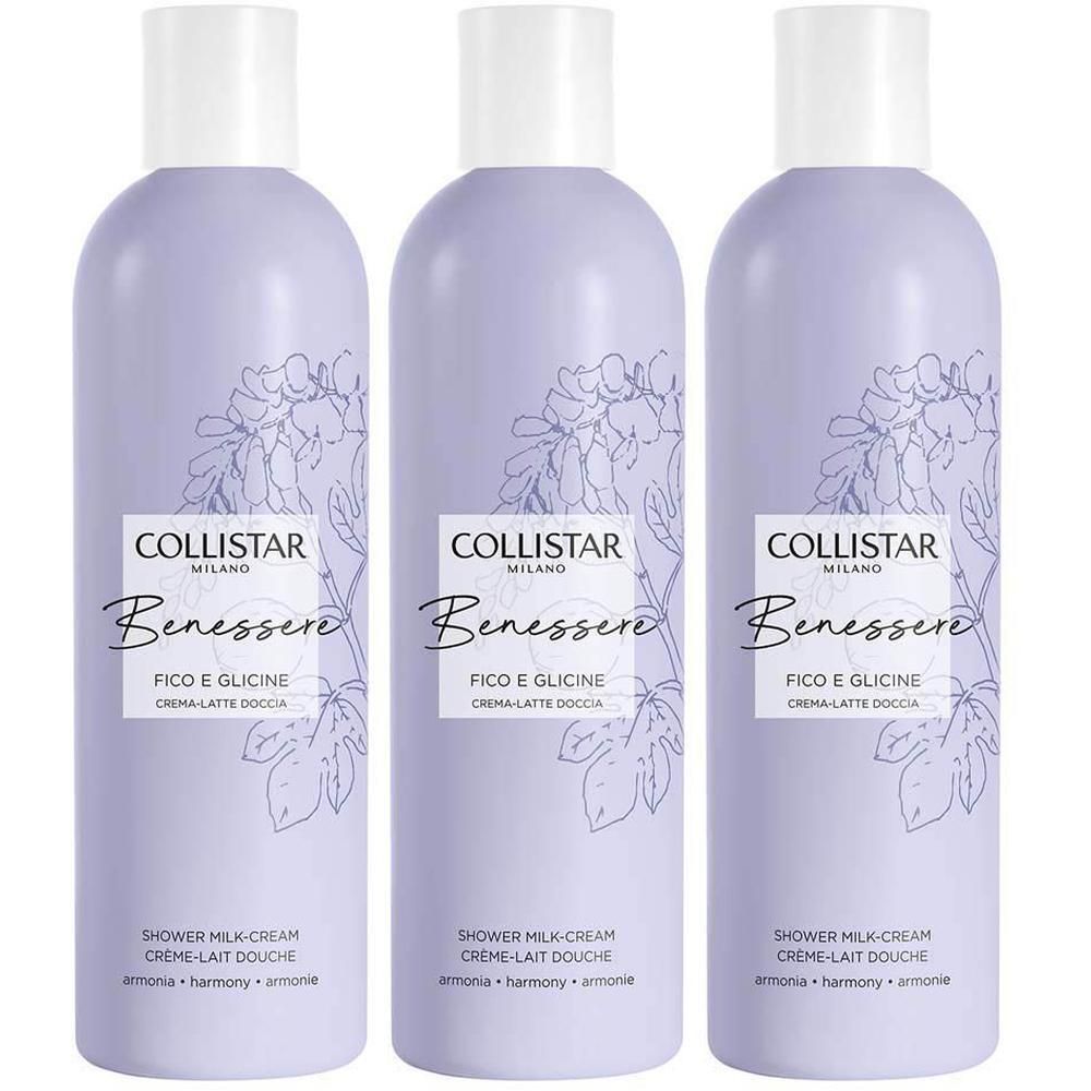 Trois flacons de Lait-Crème Douche Figue et Glycine Collistar, violets.