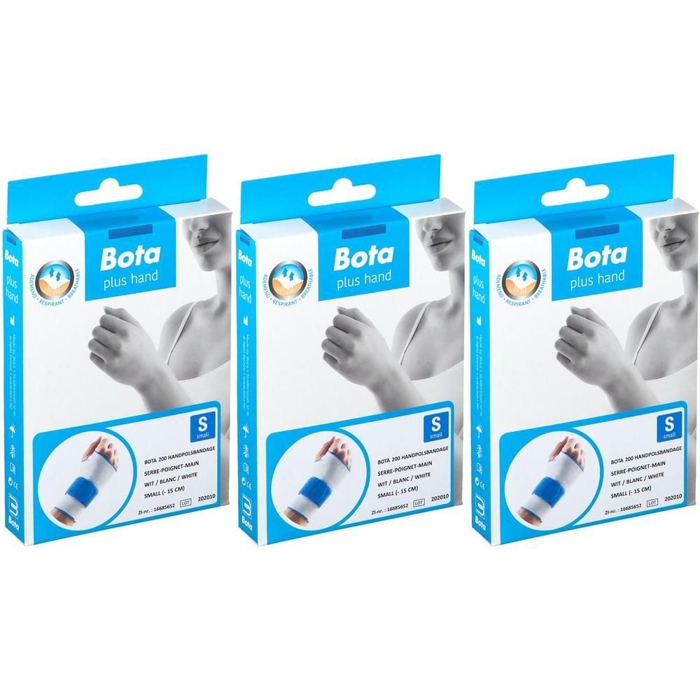 Drie verpakkingen Bota plus hand polsbandage in wit en blauw, maat S.