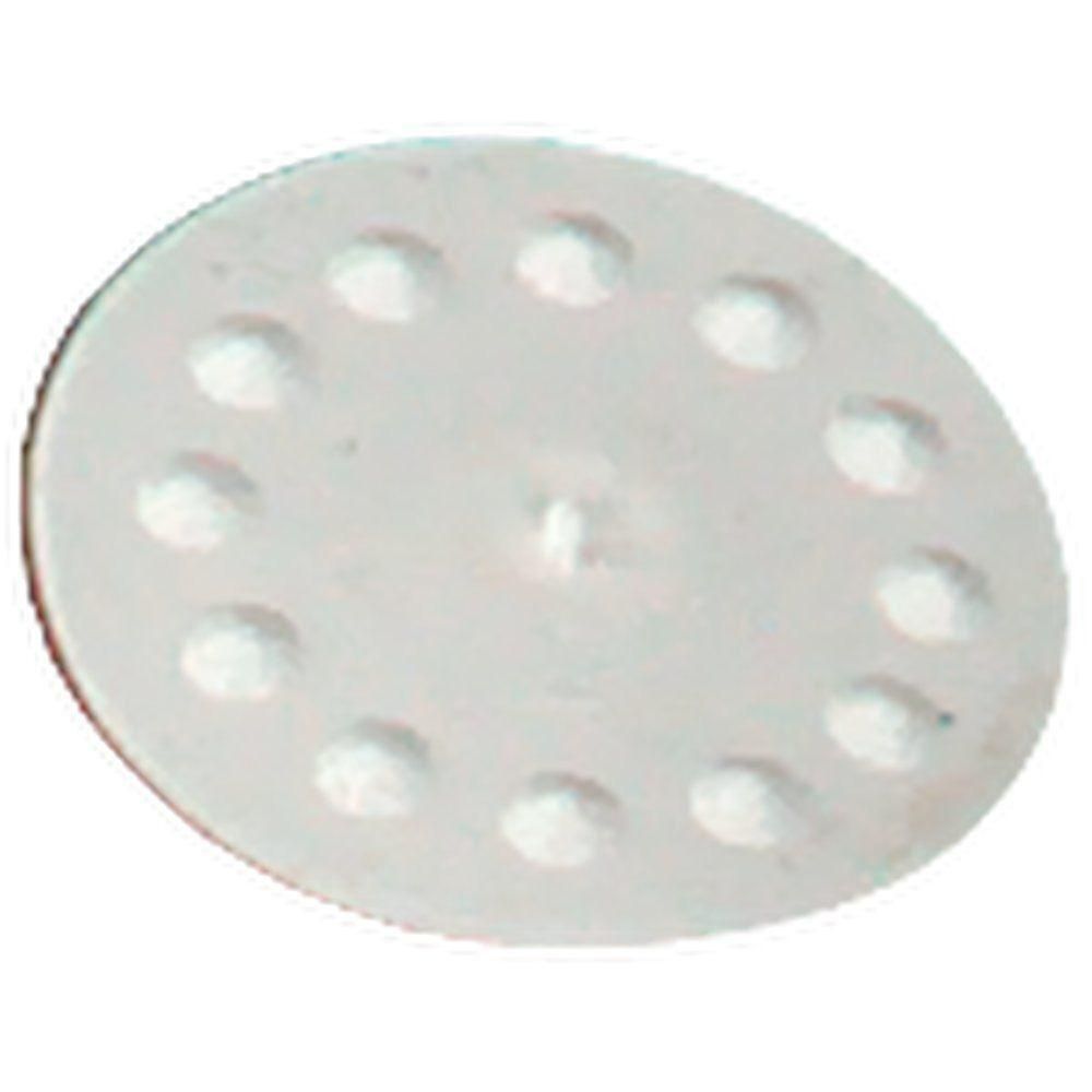 Membrane blanche et ronde avec 12 petits trous et une tige centrale.
