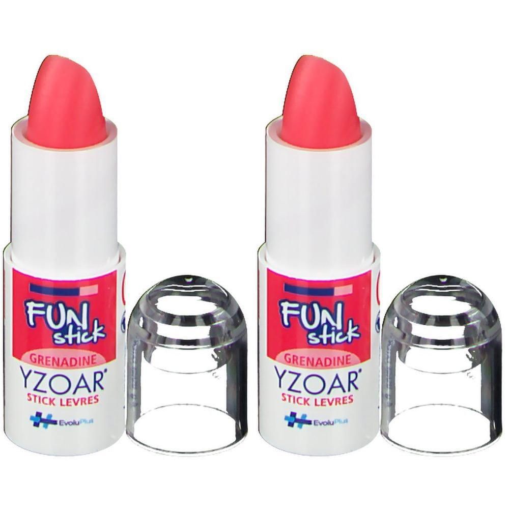 Deux Yzoar bâtons à lèvres Grenadine, inscription "FUN stick".