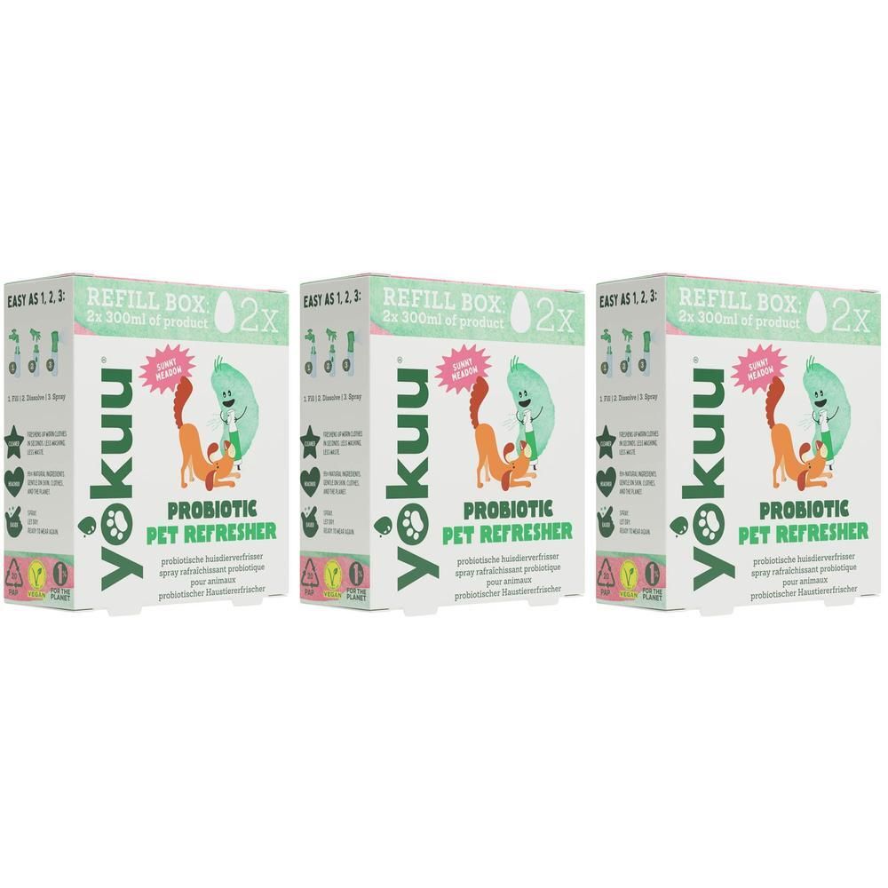Drie Yokuu Probiotische Huisdier Verfrisser Navulverpakkingen, elk 2x 30ml.