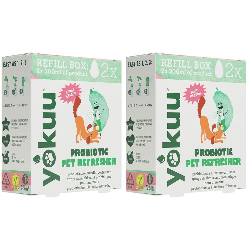 Deux boîtes de recharge Yokuu Rafraîchisseur Probiotique pour Animaux, 300ml chacune. Illustrations de chien et chat.