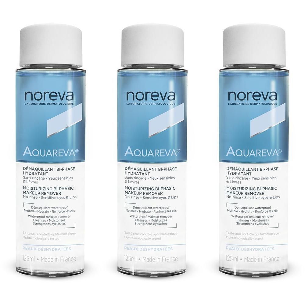 Trois flacons de démaquillant bi-phase hydratant Noreva Aquareva, 125ml.