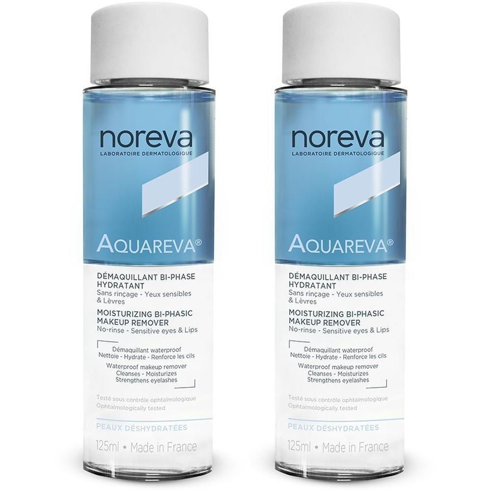 Deux flacons de Noreva Aquareva Démaquillant Bi-Phase Hydratant, 125ml.