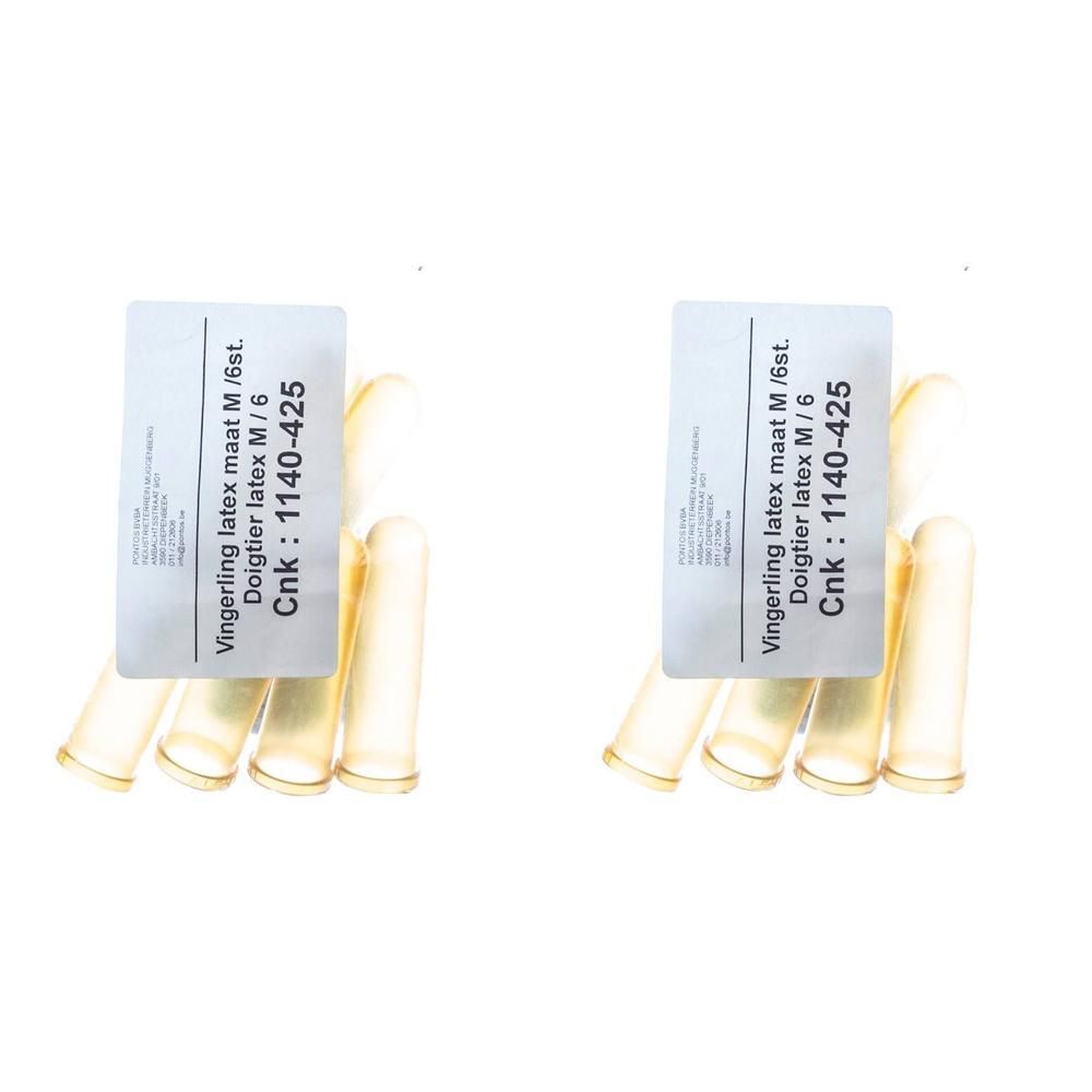 Deux paquets de doigtiers en latex, taille M, 6 pièces par paquet.
