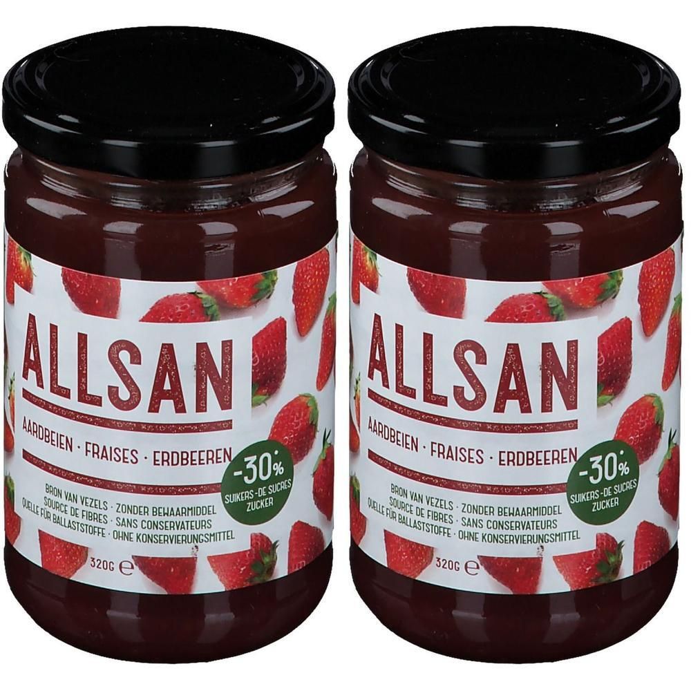 Twee potten Allsan aardbeienjam met hele aardbeien op het etiket. -30% suiker.