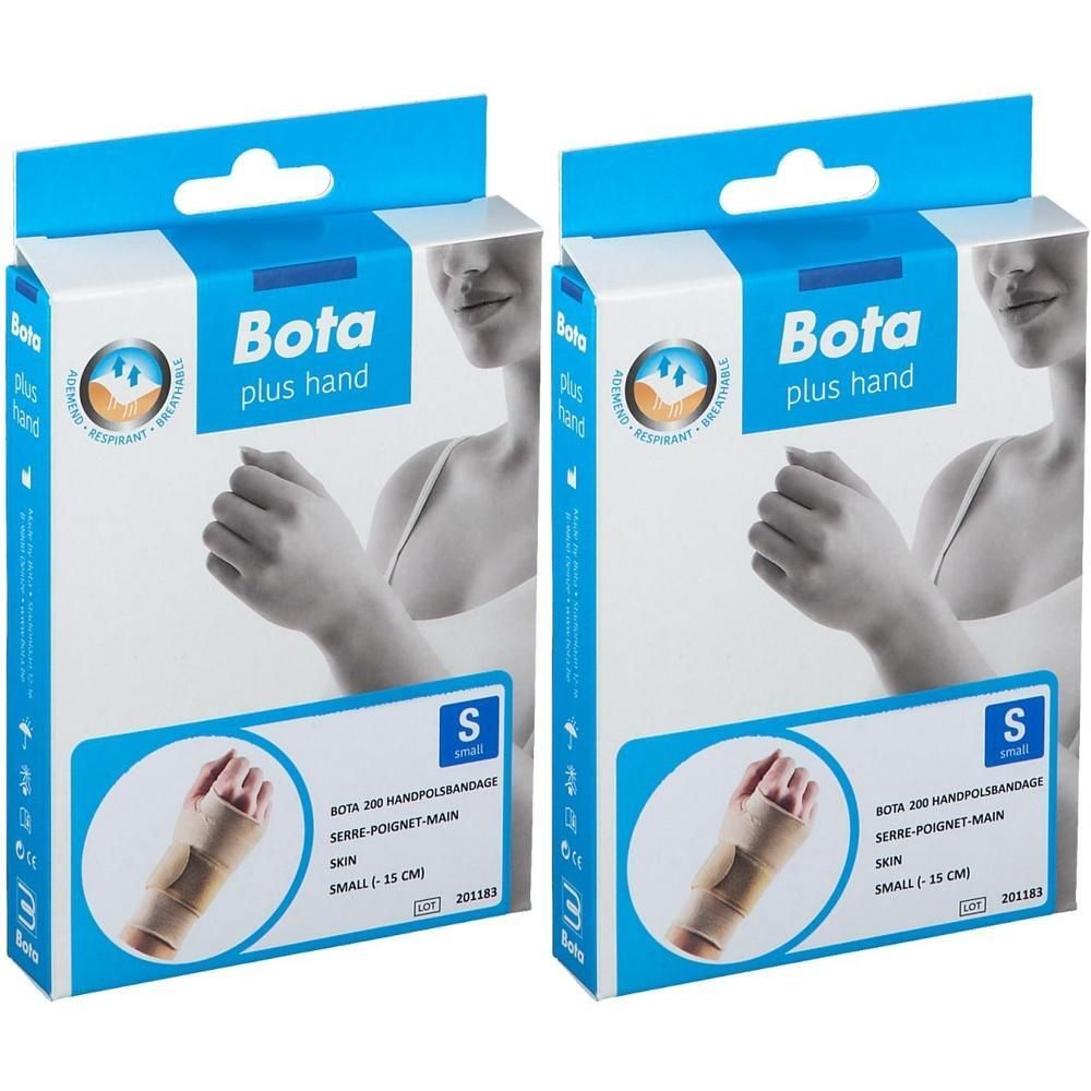 Twee verpakkingen Bota polsbandage, maat S. Beige bandage met klittenbandsluiting.