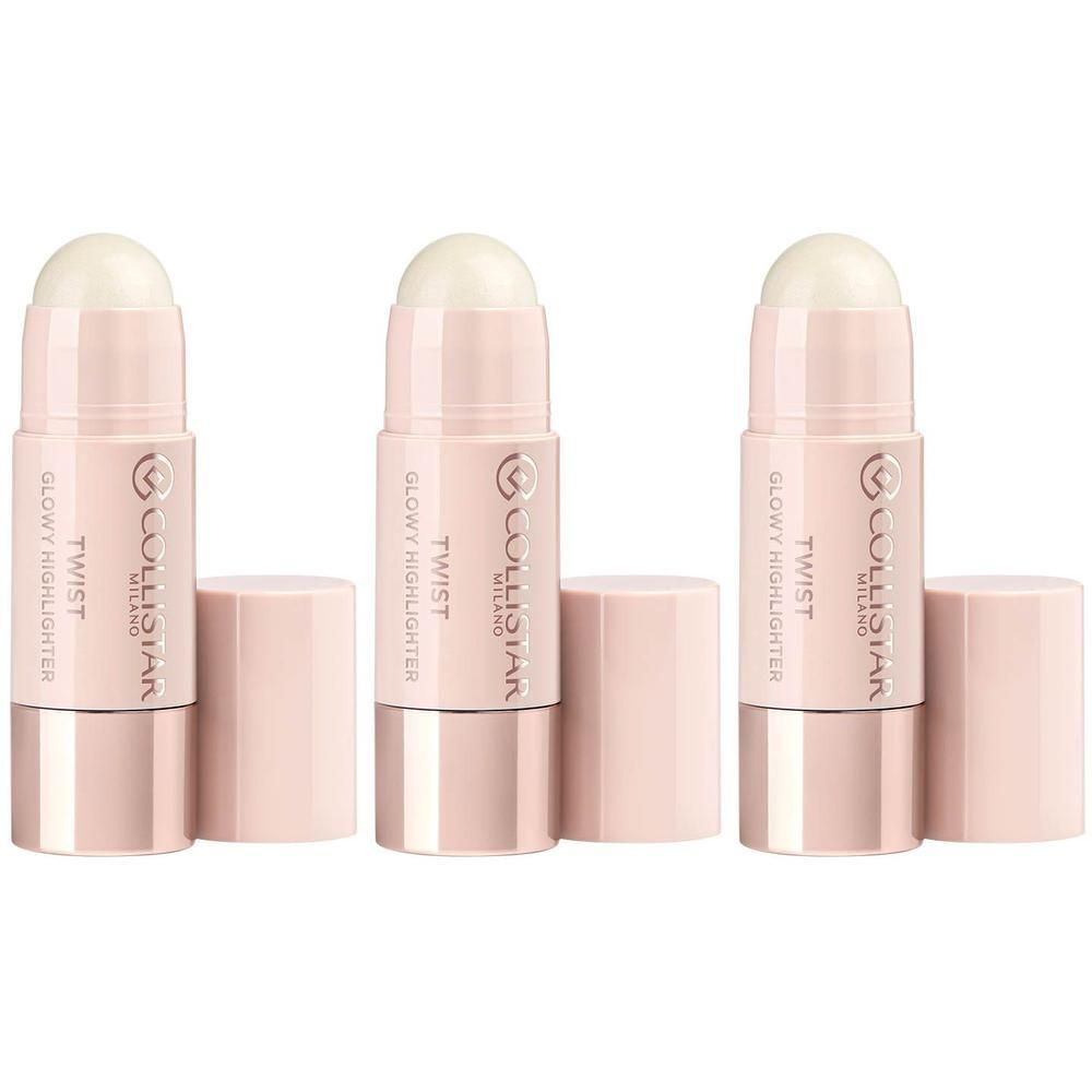 Drie Collistar Twist Glowy Highlighter 02 - Luna in roze sticks met open dopjes.