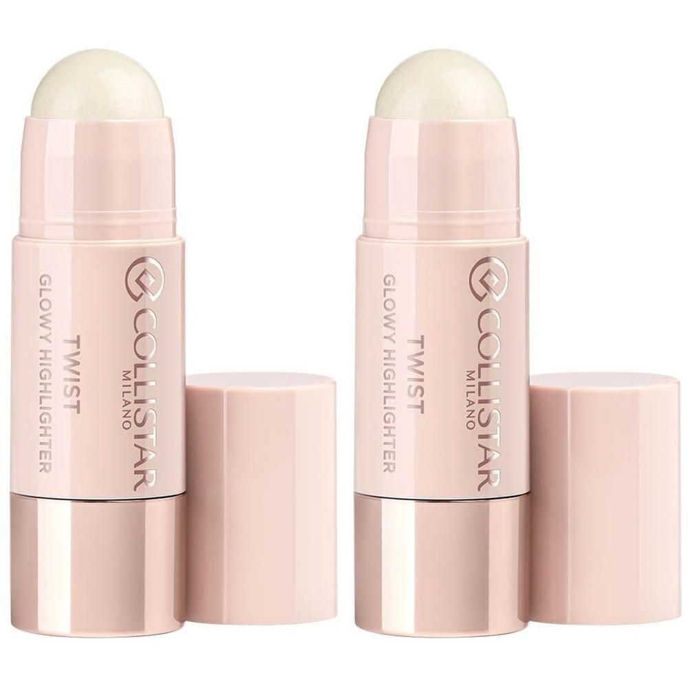 Deux enlumineurs Collistar Twist Glowy Highlighter, teintes rose et or, capuchons retirés.