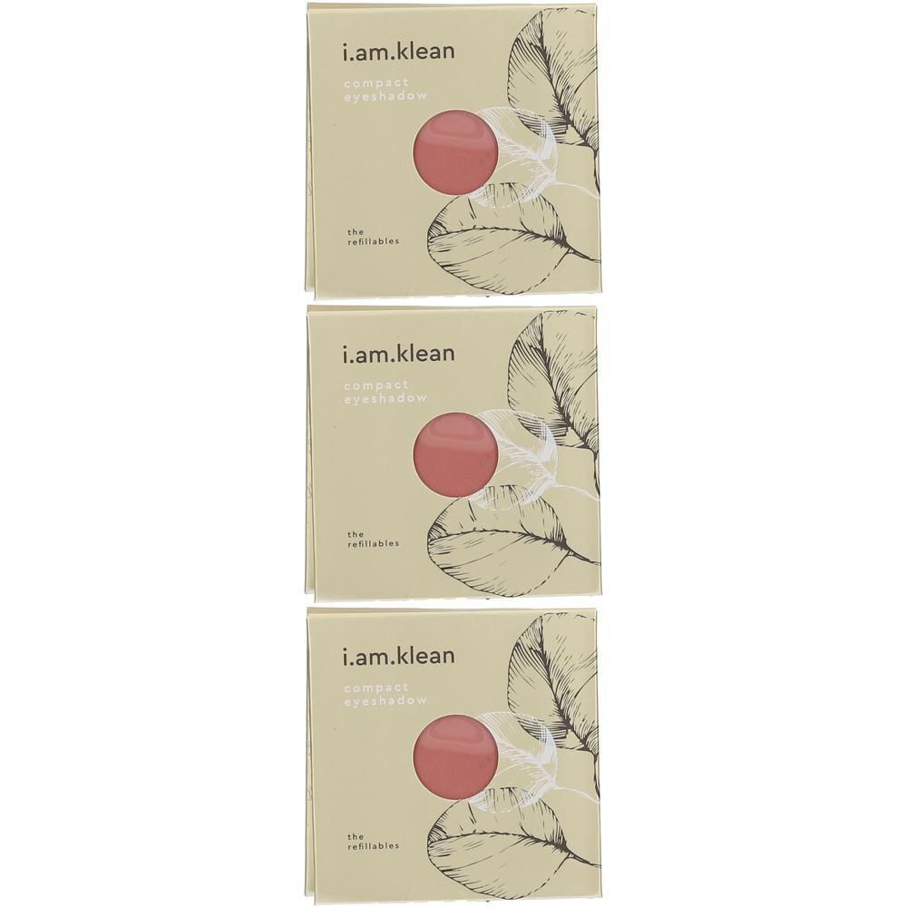 Trois fards à paupières compacts i.am.klean Lotus Rose, présentés dans des boîtes avec des dessins de feuilles.