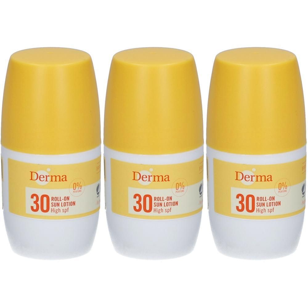 Drie Derma Roll-on zonnebrand lotion flacons met SPF 30 en gele doppen.
