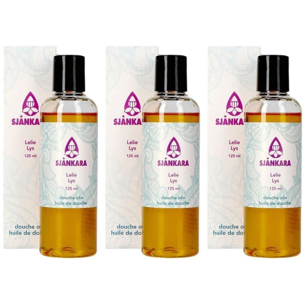 Drie flessen Sjankara Doucheolie Lelie, 125 ml.