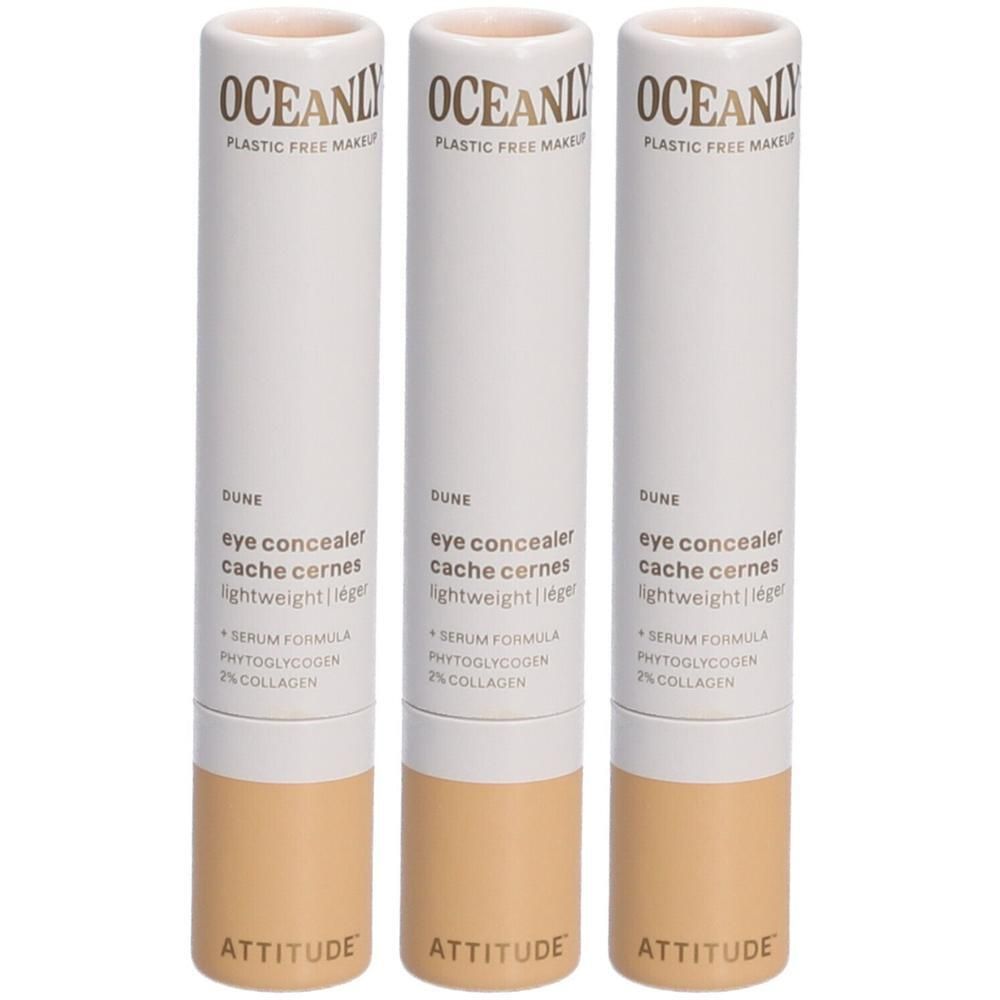 Drie Attitude Oceanly Oogconcealers in Dune, lichte formule met serum.