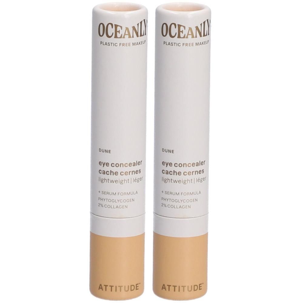 Twee buisvormige verpakkingen voor oogconcealer in de kleur Dune. Bovenaan met "OCEANLY PLASTIC FREE MAKEUP" beschreven.
