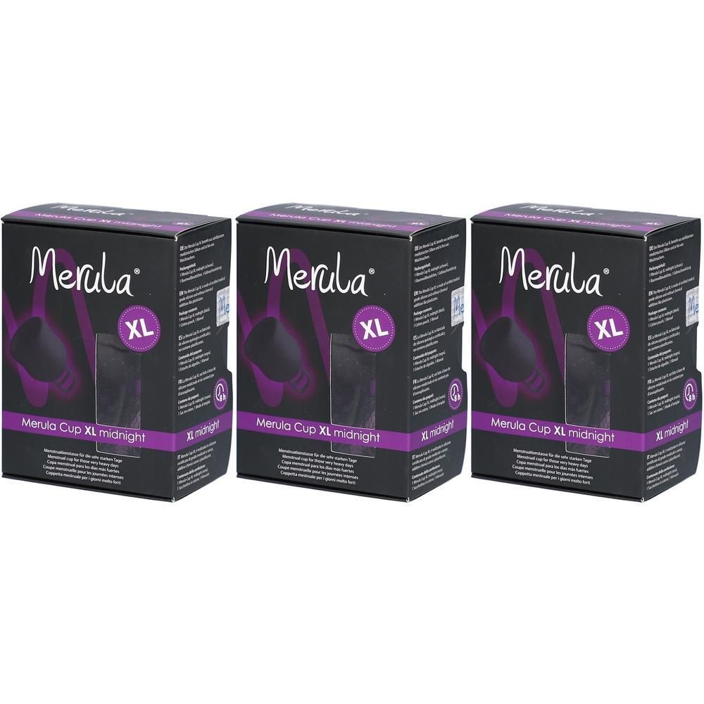 Trois boîtes de coupe menstruelle Merula Cup XL Midnight.