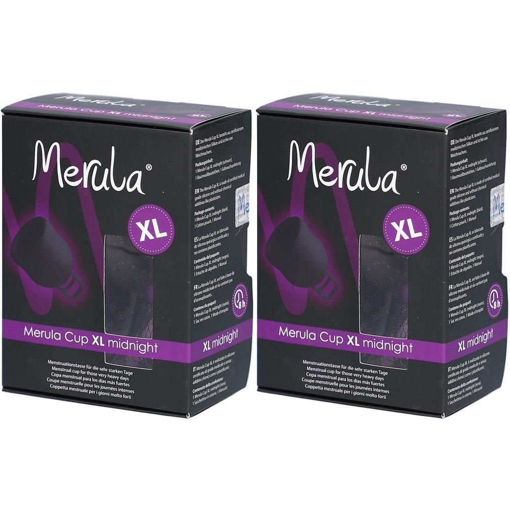 Deux boîtes de coupe menstruelle Merula Cup XL Midnight, couleur noir.