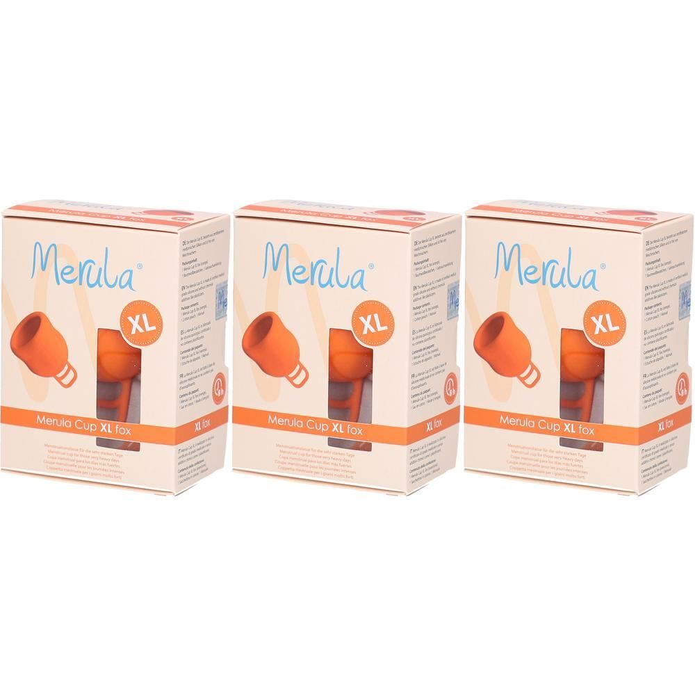 Trois paquets de coupes menstruelles Merula Cup XL orange.