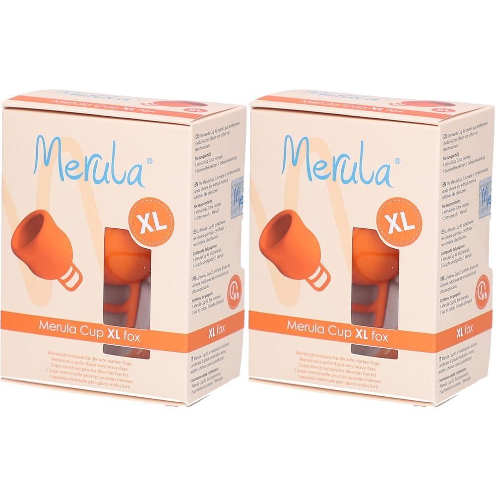 Deux coupes menstruelles Merula Cup XL Fox orange sur emballage carton.