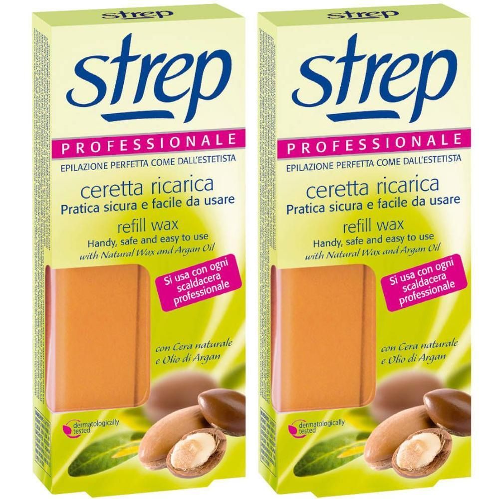 Twee pakken Strep Professional navulwax met arganolie. Oranje waxblokken zichtbaar.