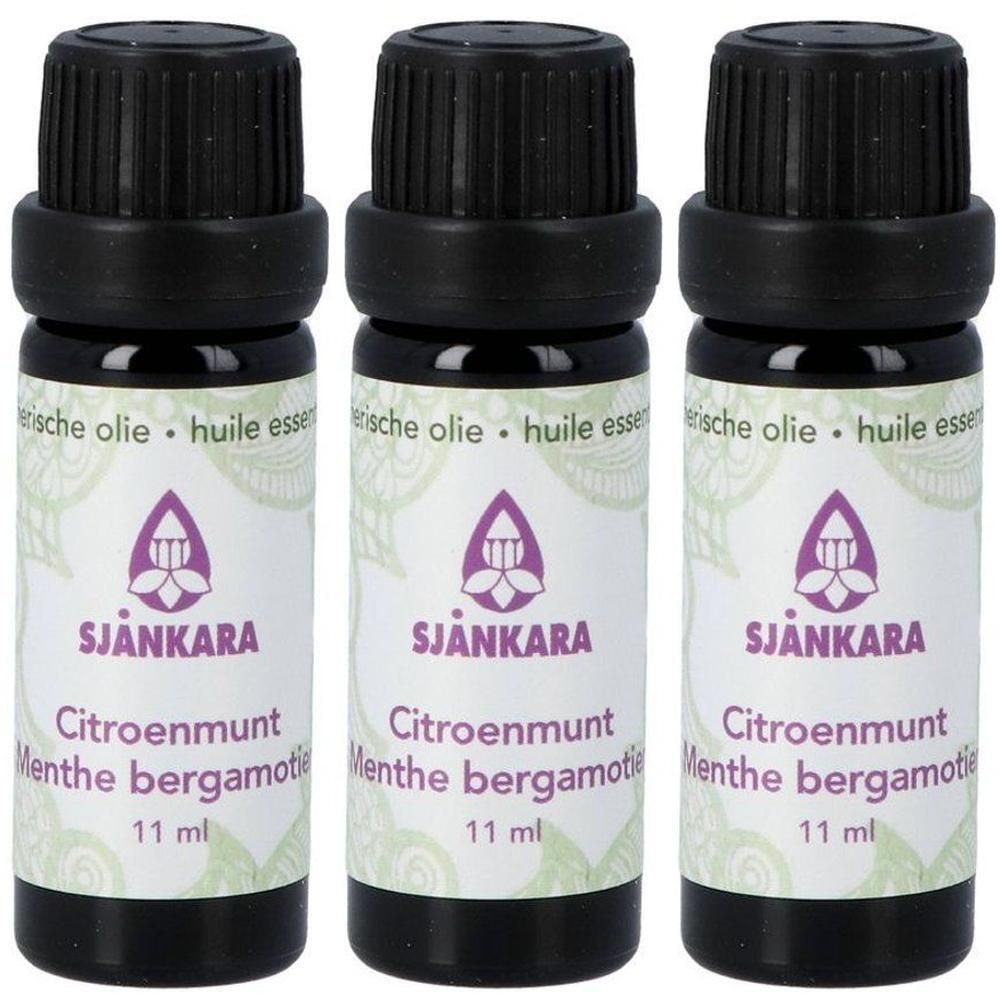 Trois flacons d'huile essentielle Citron Menthe de Sjankara, 11 ml chacun.