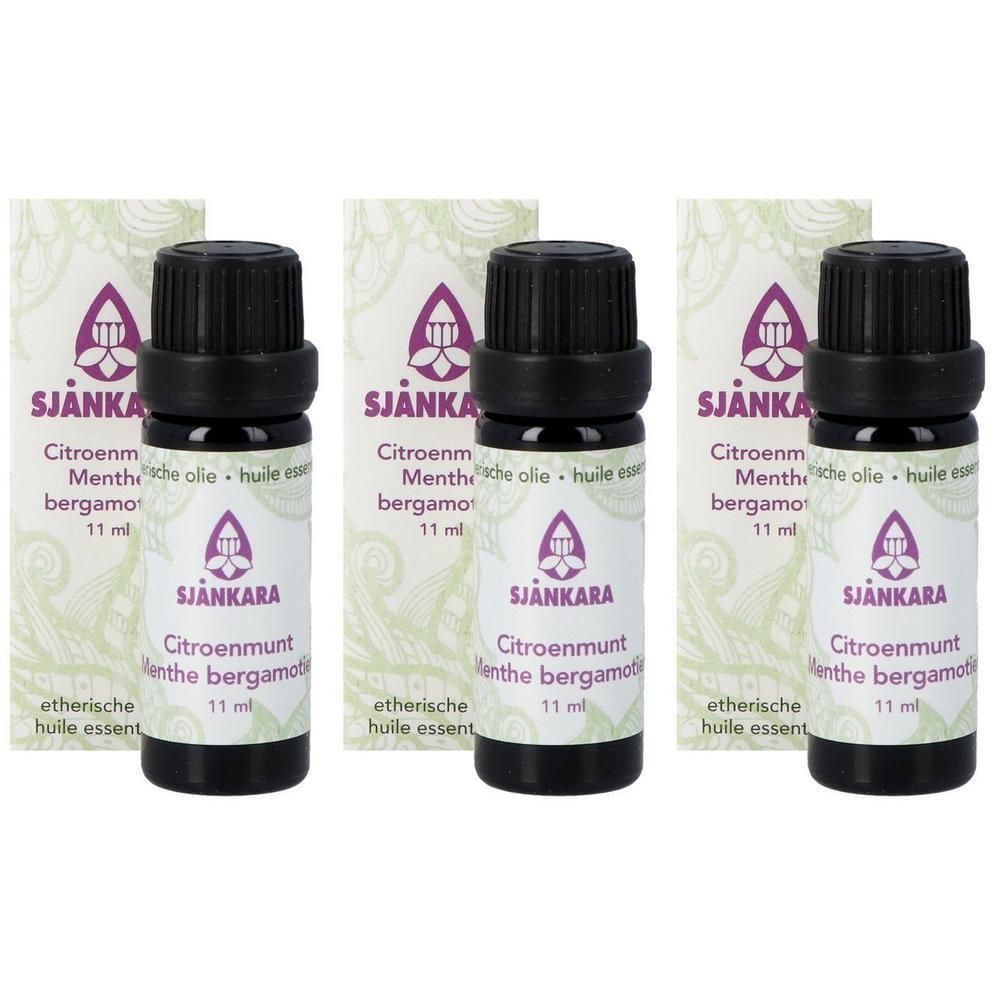 Drie flessen Sjankara Citroen Munt etherische olie, elk 11 ml.