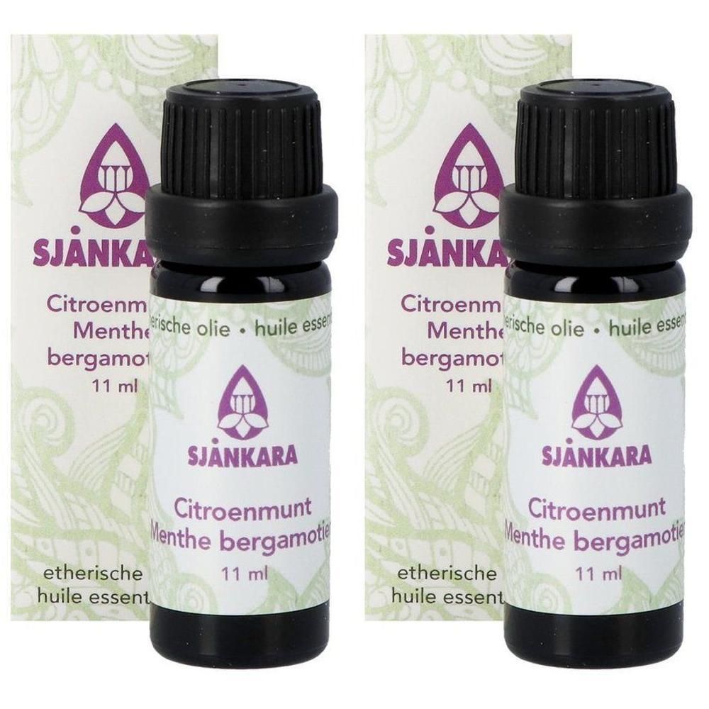 Twee flesjes Sjankara Etherische Olie Citroen Munt Bergamot, 11 ml per stuk.