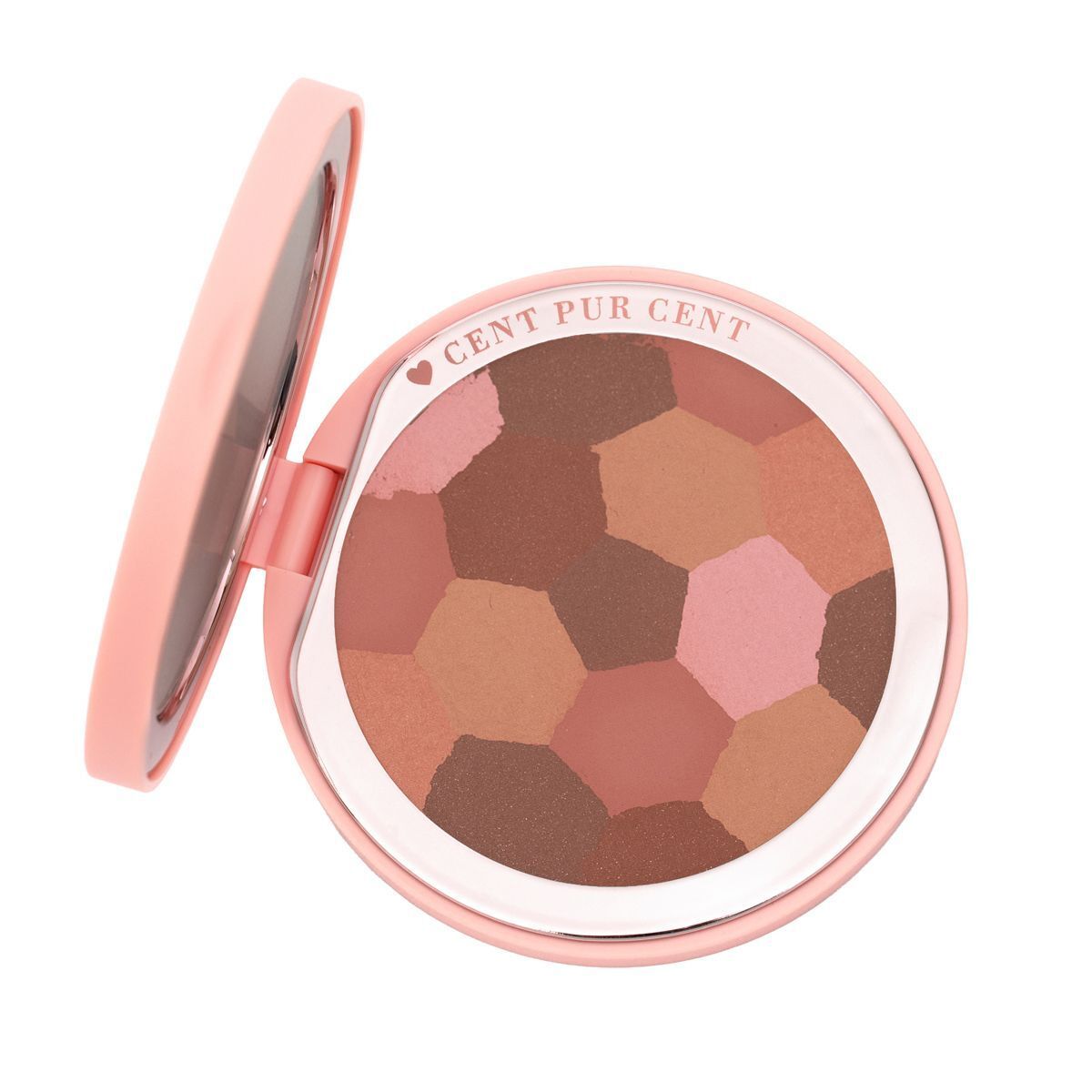 Poudre ronde et rose ouverte, avec des segments de couleur hexagonaux et un miroir.
