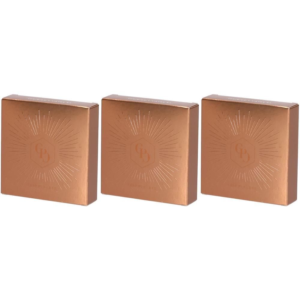 Drie bronzen doosjes met een zonne-symbool.