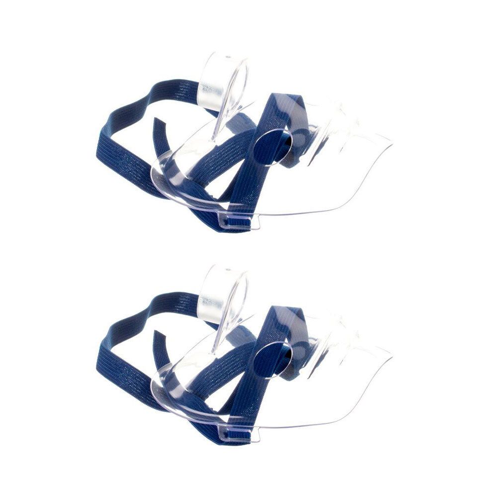 Deux masques aérosols transparents pour enfants avec des sangles bleues.