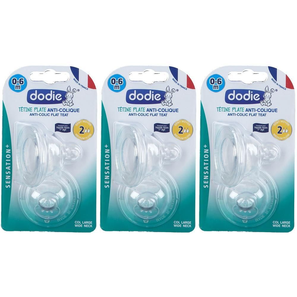 Drie Dodie Sensation+ spenen, 0-6 maanden, met 2 druppels, voor brede flessenhalzen.