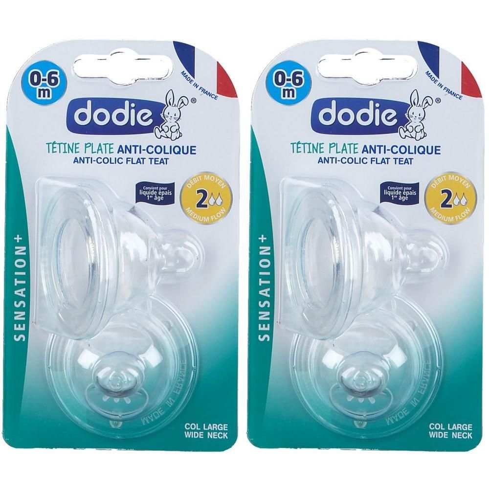 Deux tétines Dodie anti-colique, 0-6 mois, col large, débit moyen.