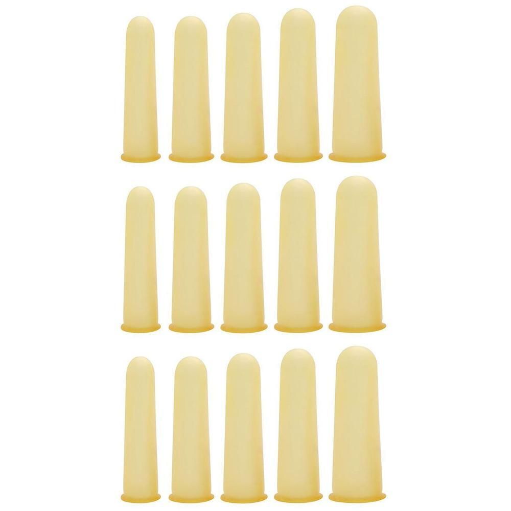 15 doigtiers en latex beige de différentes tailles, forme conique.