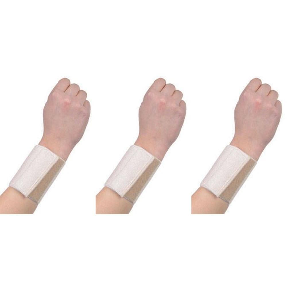 Trois supports de poignet en tissu beige avec fermeture velcro, portés sur trois bras.