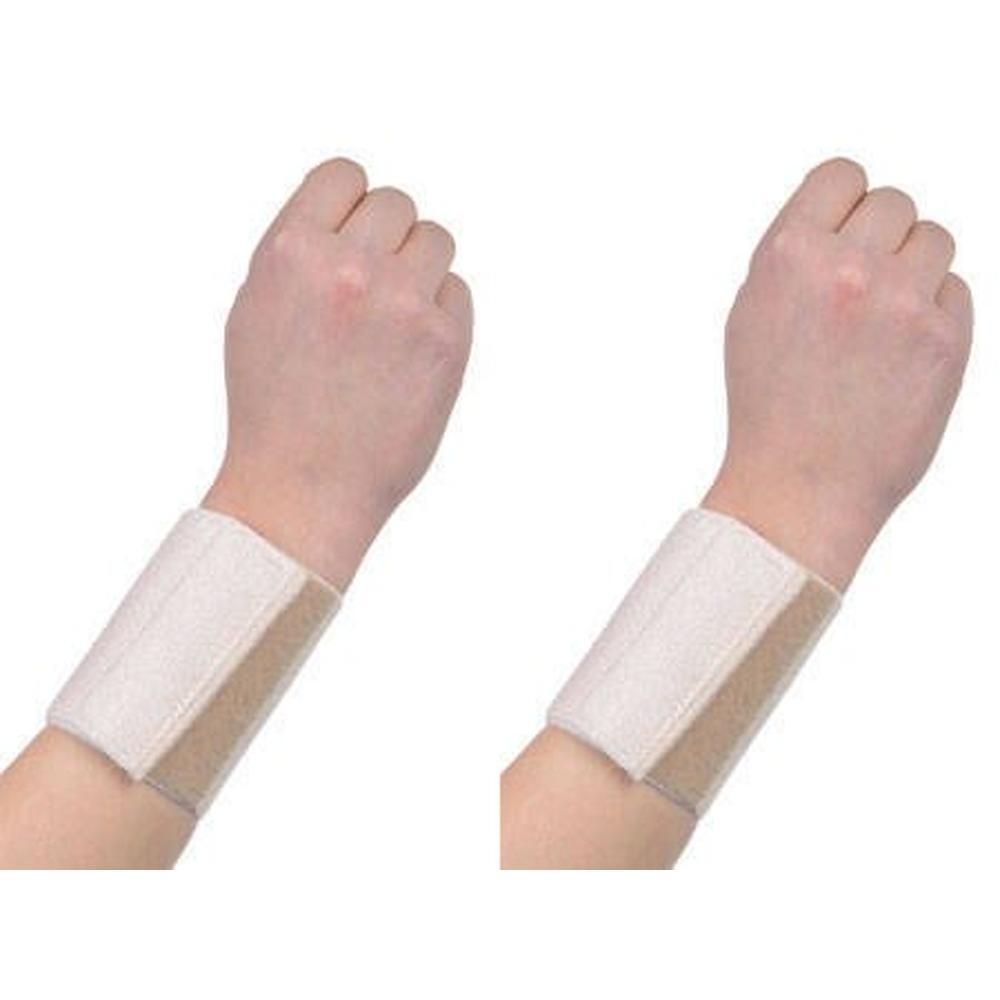 Deux bandages de poignet en tissu clair avec fermeture velcro.