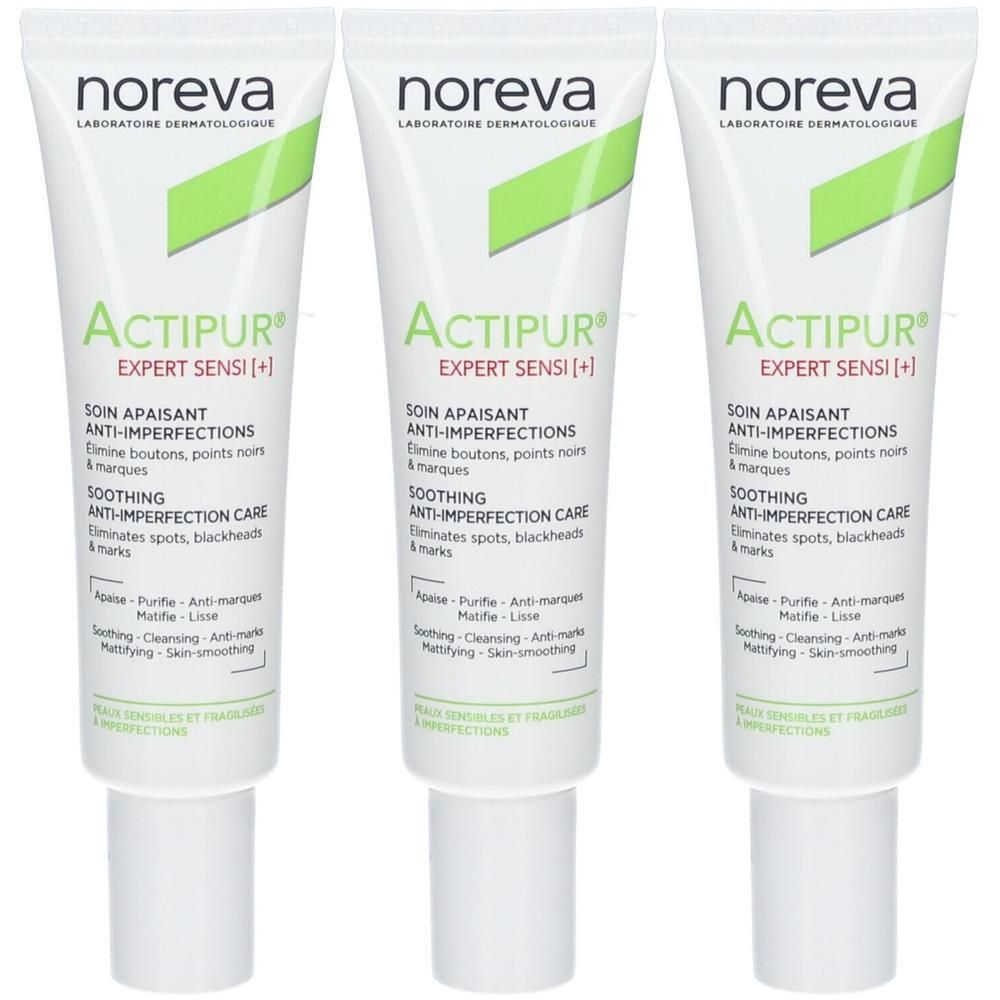 Drie tubes Noreva Actipur Expert Sensi anti-imperfectie zorg.