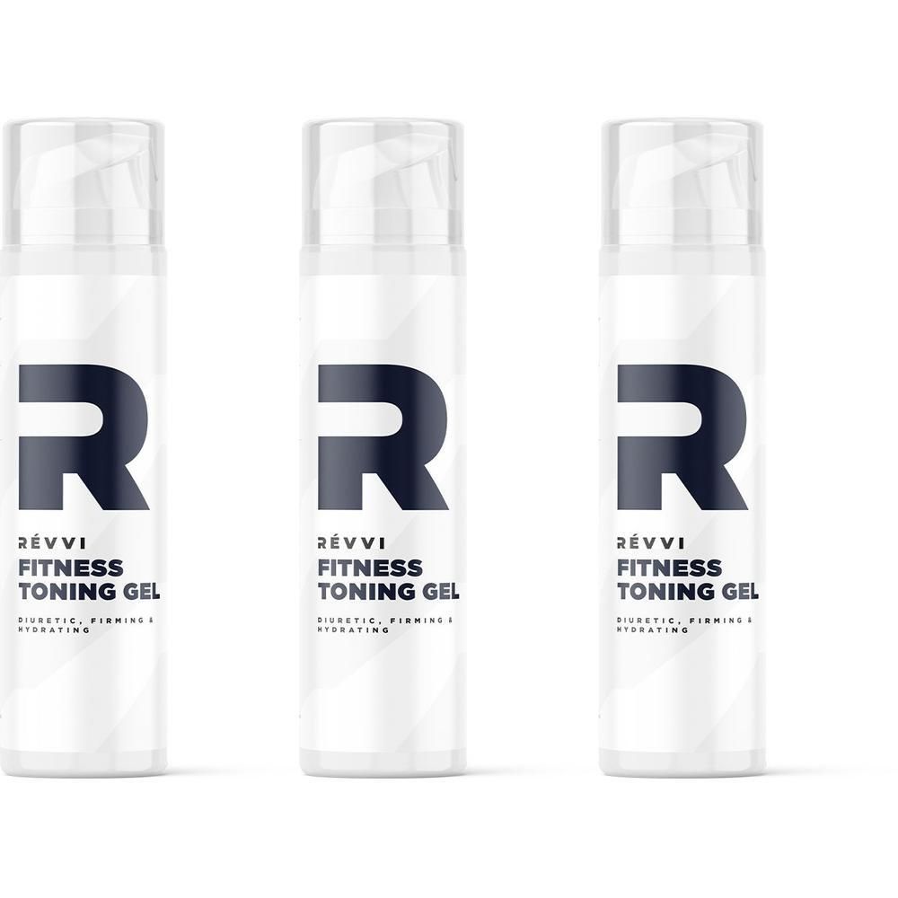Trois flacons distributeurs blancs avec le logo 'R' et l'inscription 'RÉVVI FITNESS TONING GEL'.