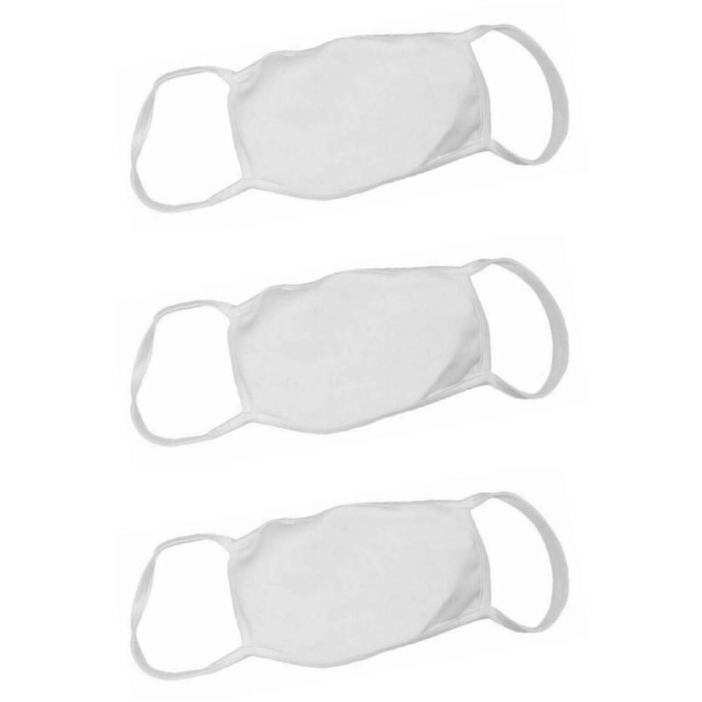 Trois masques en tissu blanc réutilisables avec des boucles d'oreilles.