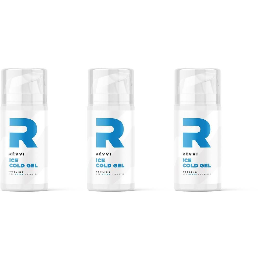 Drie witte dispensers met blauw 'R'-logo en 'RÉVVI ICE COLD GEL' opschrift.