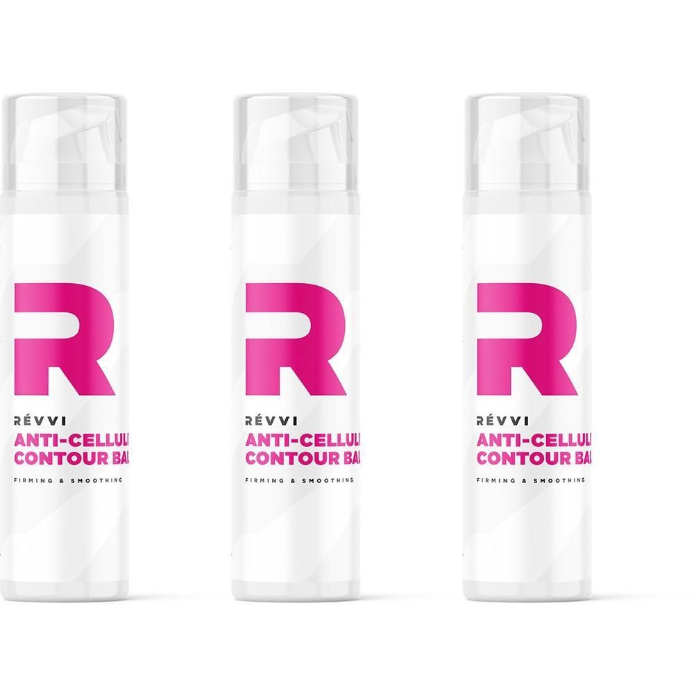 Trois flacons pompe blancs avec logo rose 'R' et inscription 'RÉVVI ANTI-CELLULITE CONTOUR BALM'.