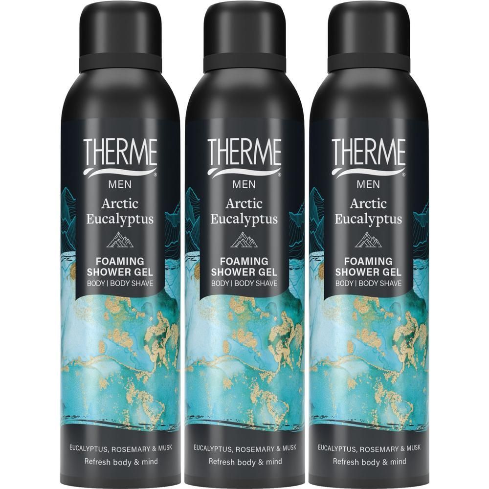 Trois flacons noirs de Gel Douche Moussant Arctic Eucalyptus Therme pour hommes.