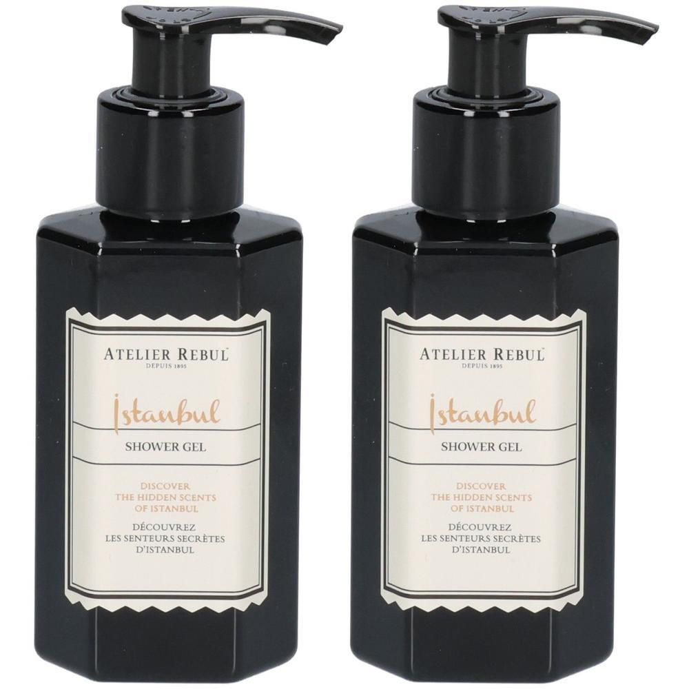 Deux flacons pompe noirs de gel douche. Étiquette "Atelier Rebul Istanbul Shower Gel".