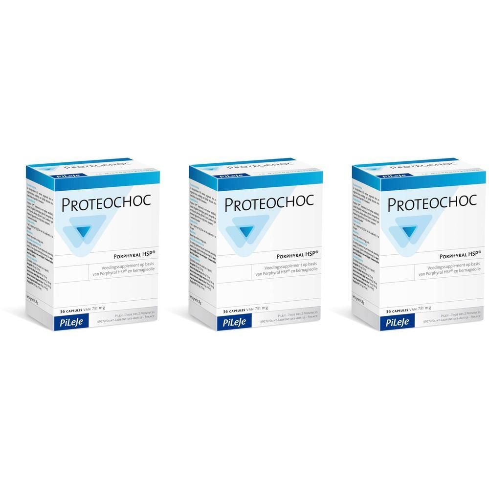 Drie verpakkingen Proteochoc capsules met Pileje logo en blauw driehoek-symbool.