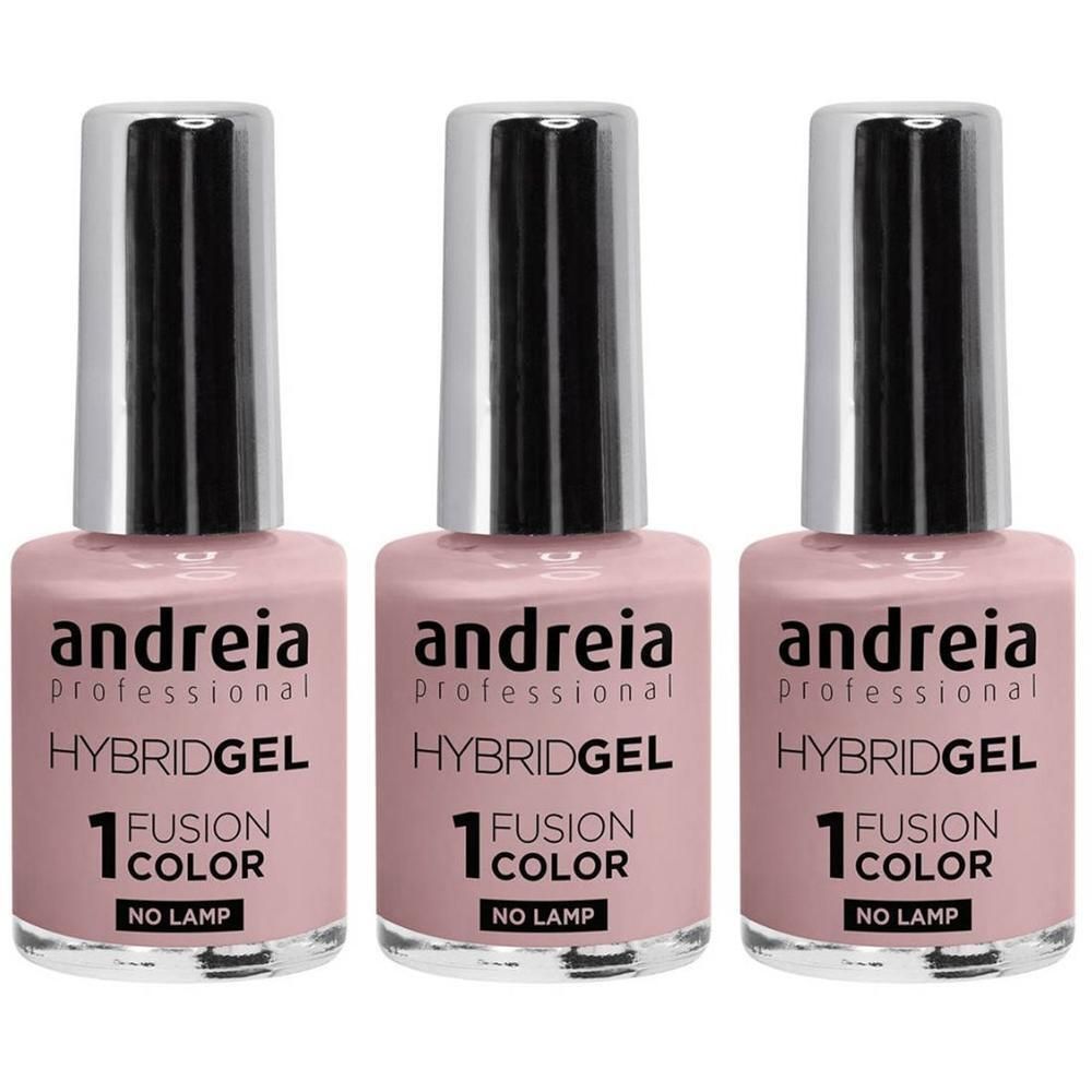 Drie flessen Andreia Hybridgel nagellak in roze. "1 FUSION COLOR NO LAMP" staat op het etiket.